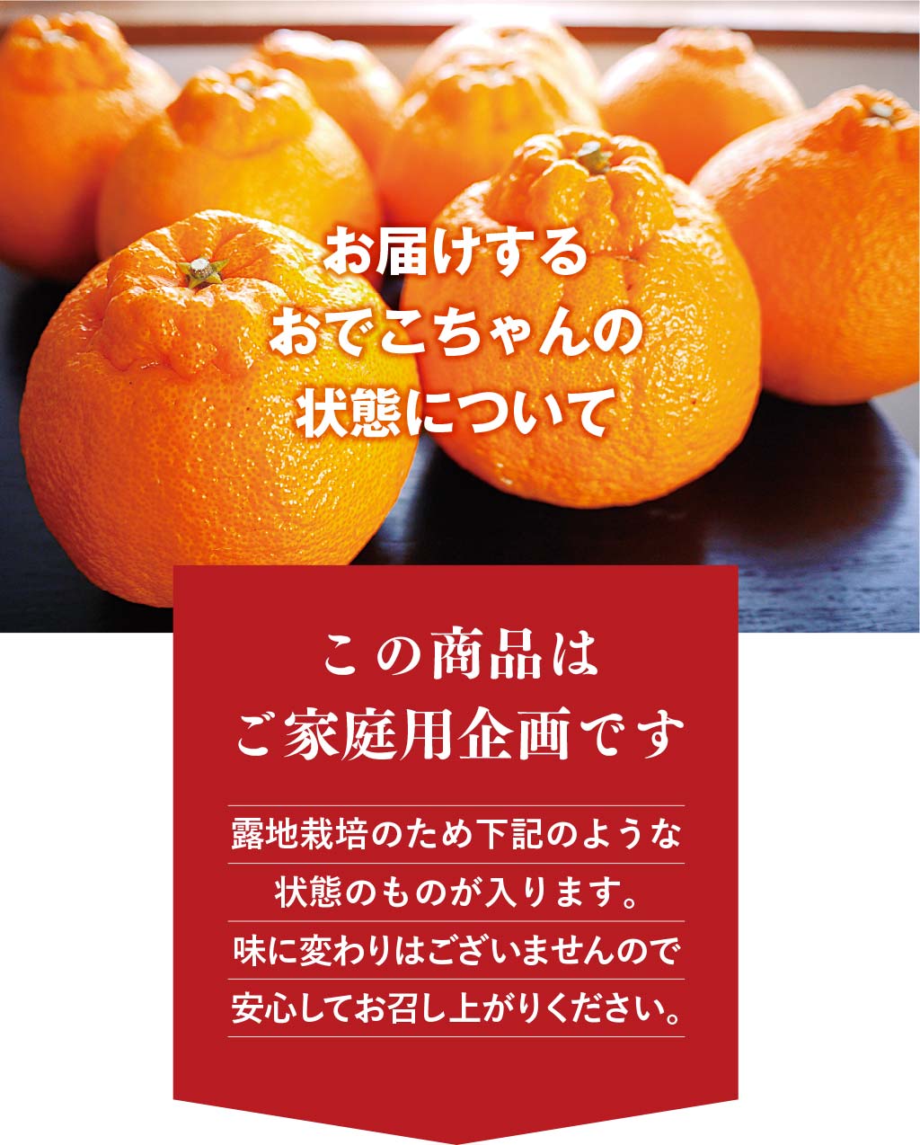 お届けするおでこちゃんの状態について。この商品はご家庭用企画です。露地栽培のため下記のような状態のものが入ります。味に変わりはございませんので安心してお召し上がりください。