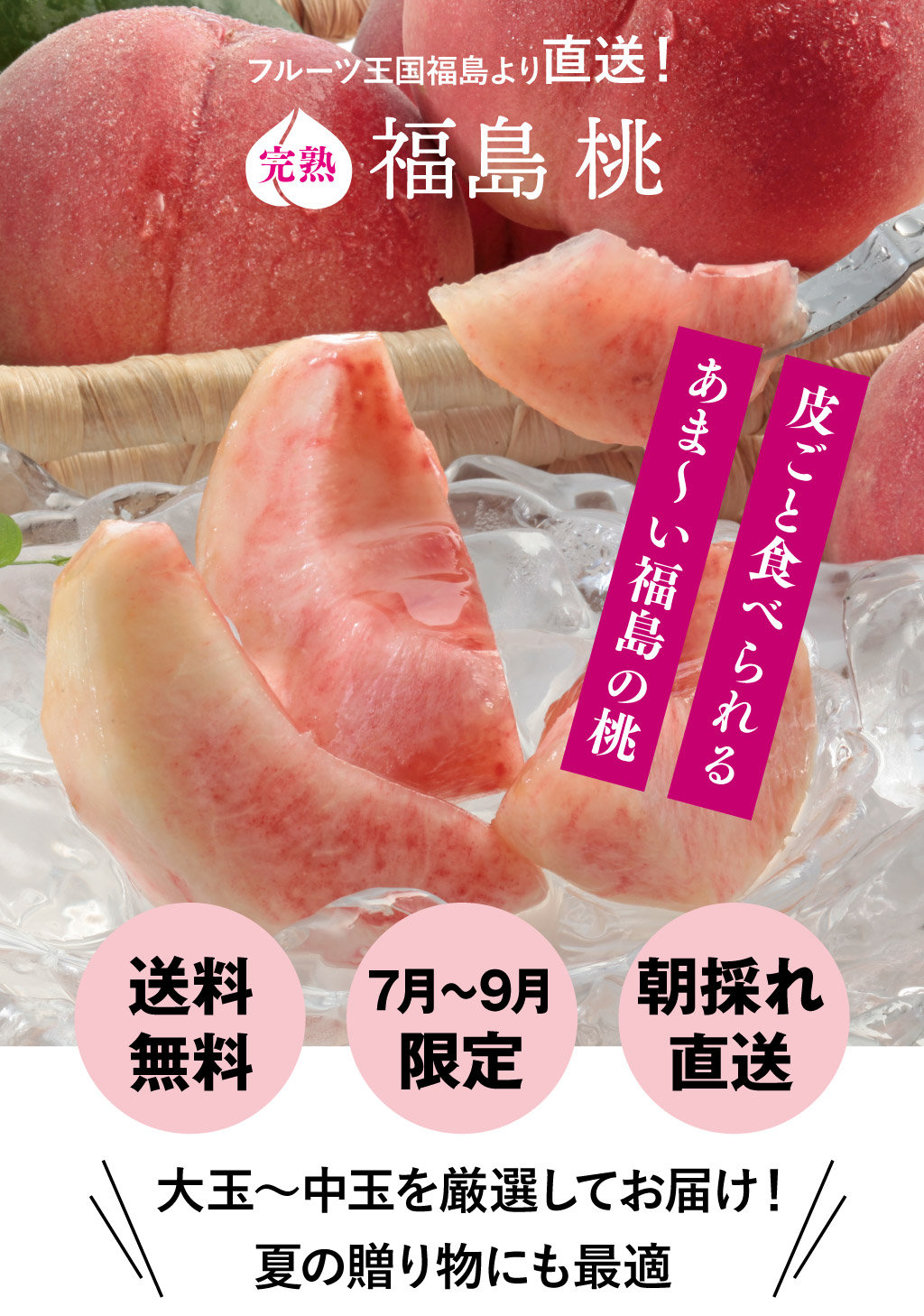 皮ごと食べられるあま〜い福島の桃を送料無料で7月〜9月限定、朝採れ直送でお届けします。
