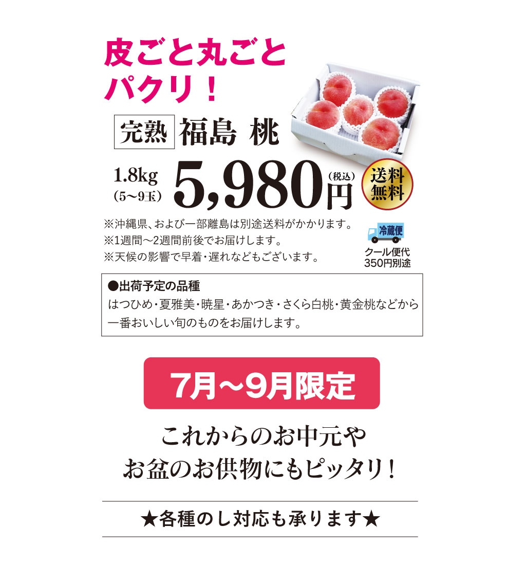 皮ごと食べられるあま〜い福島の桃を送料無料で7月〜9月限定、朝採れ直送でお届けします。