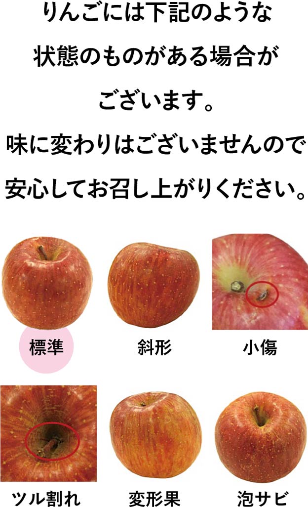 りんごには下記のような状態のものがある場合がございます。味に変わりはございませんので安心してお召し上がりください。射形、小傷、つる割れ、変形果、泡サビ